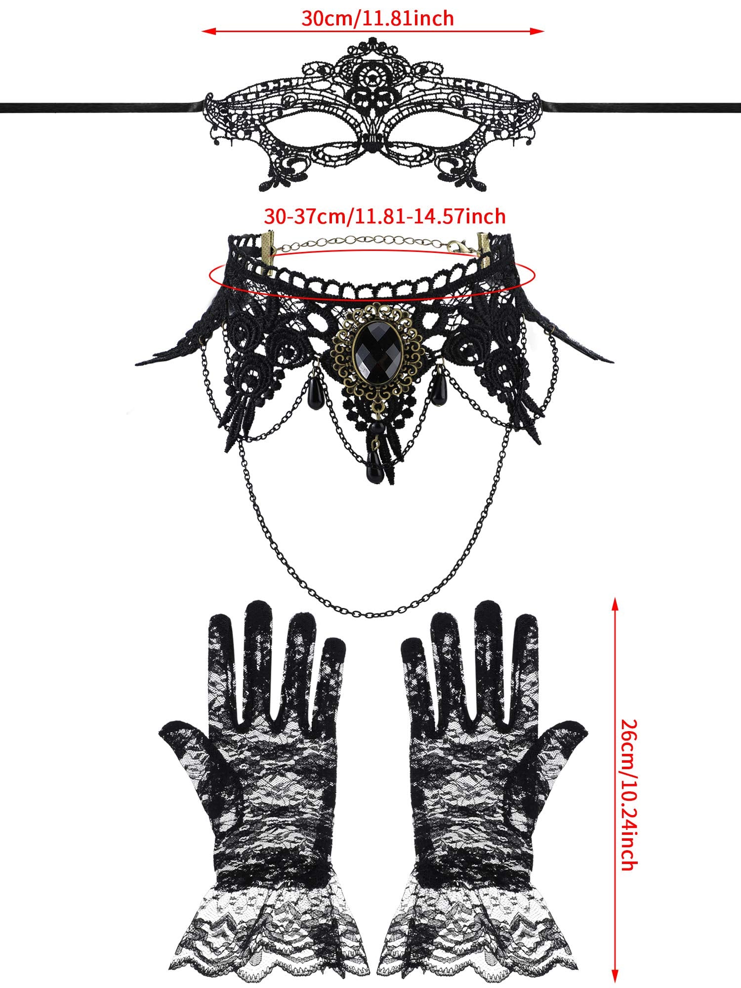 ZIBUYU 3Pcs Lace Gloves Set for Women with Mask and Lace Chain Choker, Black Gothic Masquerade Mask Set for Cosplay, Party, Prom, Festival Rave, Carnival, Halloween ZIBUYU 3Pcs Lace Gloves Set for Women with Mask and Lace Chain Choker, Black Gothic Masquerade Mask Set for Cosplay, Party, Prom, Festival Rave, Carnival, Halloween